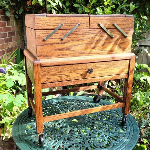 Vintage Solid Oak Cantilever Sewing Box On Wheels