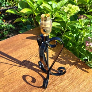 May include: A black wrought iron lamp base with a brass bulb socket. The base has a decorative, scrolled design and sits on a wooden surface. The background features green foliage.