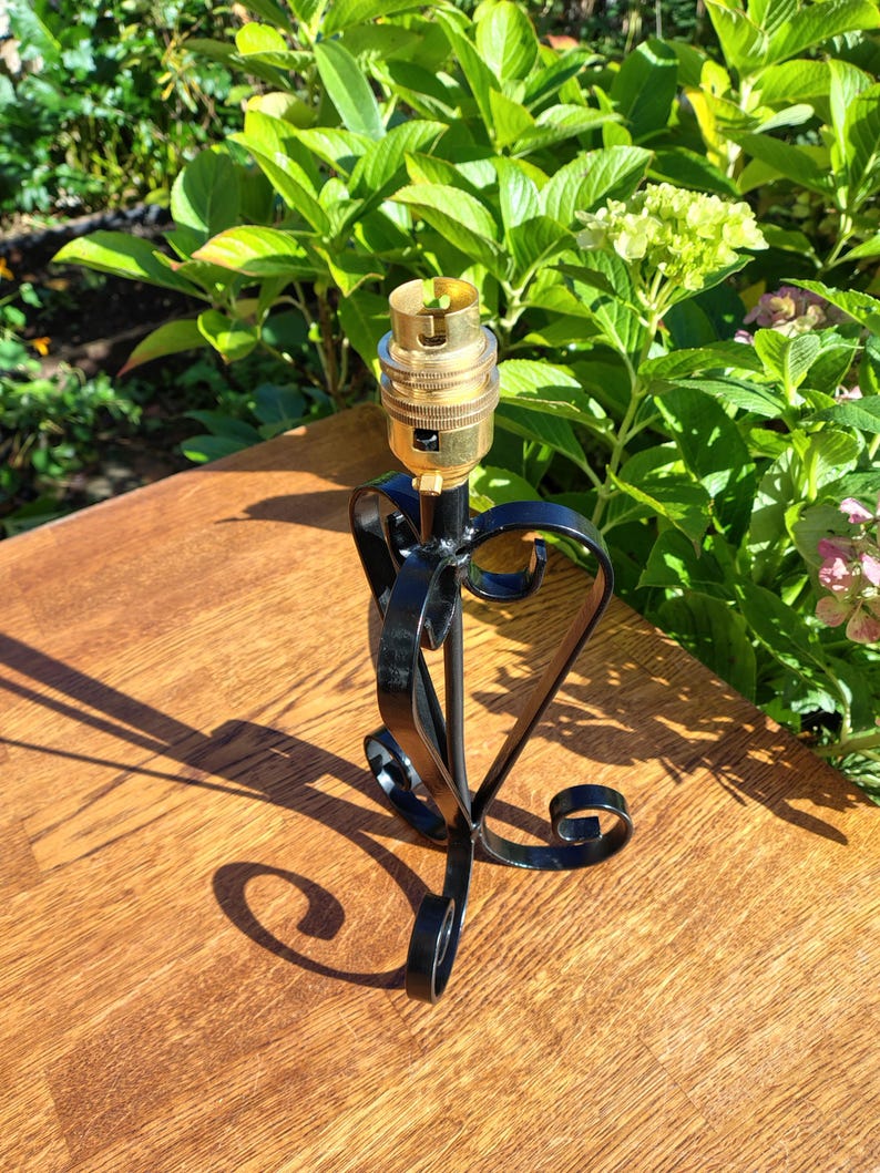 May include: A black wrought iron lamp base with a brass bulb socket. The base has a decorative, scrolled design and sits on a wooden surface. The background features green foliage.