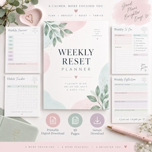 Weekly Reset Planner mockup showing printable pages for weekly planning, to-do lists, habit tracking, meal planning and reflection.