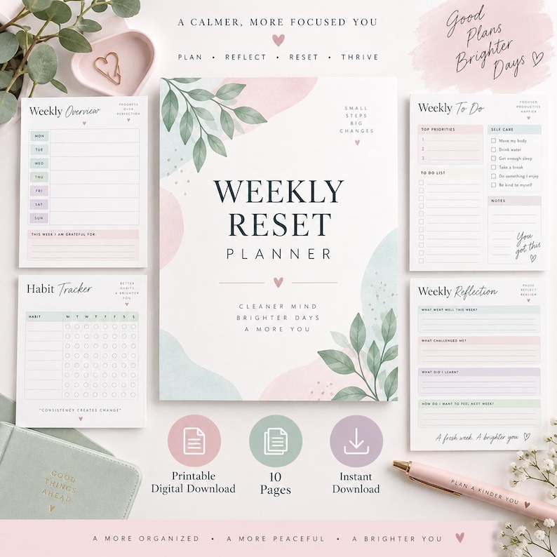 Weekly Reset Planner mockup showing printable pages for weekly planning, to-do lists, habit tracking, meal planning and reflection.