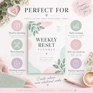 Weekly Reset Planner printable for weekly planning, meal planning, habit tracking, self-care, cleaning routines and staying organized.