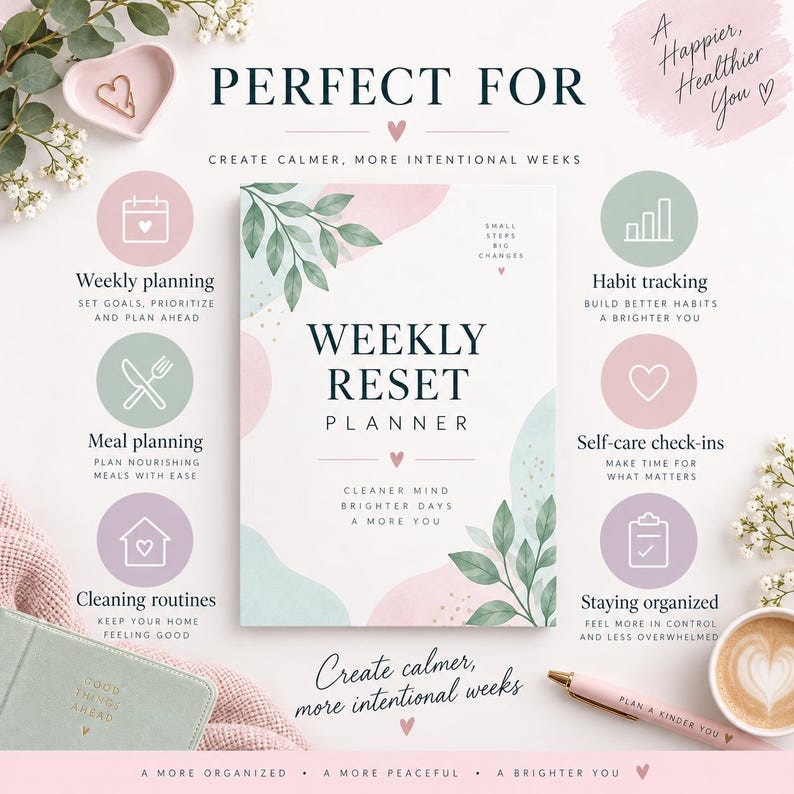 Weekly Reset Planner printable for weekly planning, meal planning, habit tracking, self-care, cleaning routines and staying organized.