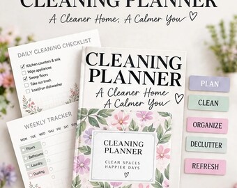 Pärmomslag för rengöringsplanerare för blommor, veckoscheman, checklistor (digital nedladdning)