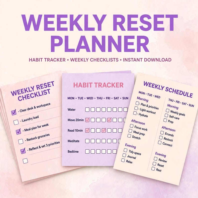 A weekly reset planner set featuring three printed sheets with purple text. The sheets include a Weekly Reset Checklist, a Habit Tracker with checkboxes for daily tasks, and a Weekly Schedule organized by morning, afternoon, and evening.