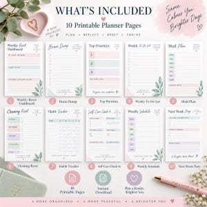 What’s included in the 10-page Weekly Reset Planner, including brain dump, priorities, meal plan, cleaning reset, habit tracker and weekly schedule.