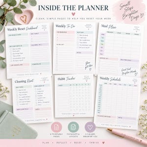 Weekly Reset Planner printable digital download with pastel pink, sage and lavender design, showing planner cover and sample weekly planning pages.