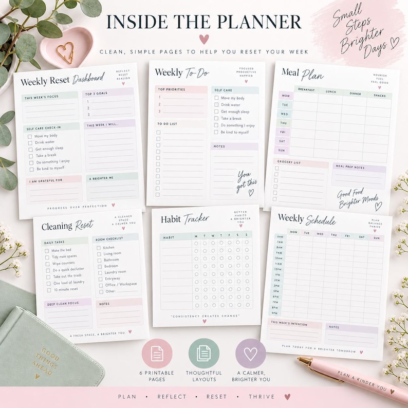 Weekly Reset Planner printable digital download with pastel pink, sage and lavender design, showing planner cover and sample weekly planning pages.