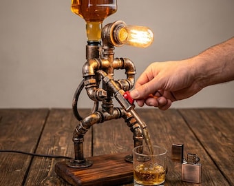 Steampunk Liquor Dispenser, Handmade Pipe Bar Lamp, Industrial Drink Pourer On Wood Base, Gift For Men, Your Free Personalization