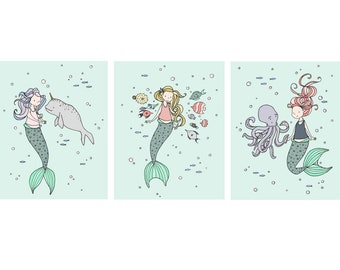 Girl Mermaid Art Prints, Mermaids and Sea Creatures, Mermaid Sea Wall Art, Girl Bathroom Art, Set Of 3 Mermaid Prints, Baby Girl Mermaid Art