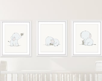 Elephant and Bunny Nursery Decor - Set of 3 Prints - Safari Nursery Decor - Elephant Baby Room