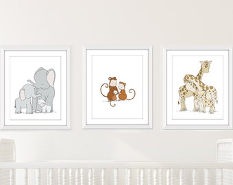 Safari Nursery Decor - Safari Animal Family Art Prints - Set of 3 Prints - Elephant Family - Giraffe Family - Monkey Family