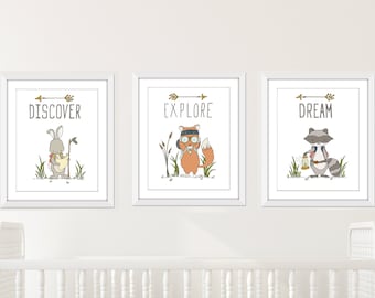 Boy Woodland Adventure Nursery Decor - Woodland Animals Art - Set of 3 Prints - Explore Dream Discover