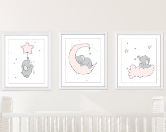 Elephant Nursery Decor - Elephant Moon and Stars - Safari Nursery Decor - Set of 3 Prints - Elephant Baby Room - Girl Nursery Art