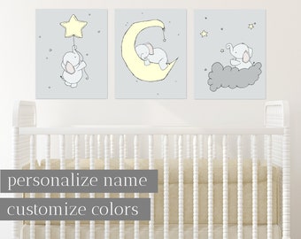 Elephant Moon and Stars Nursery Art, Pale Yellow and Gray, Set Of 3 Prints, Kids Wall Decor