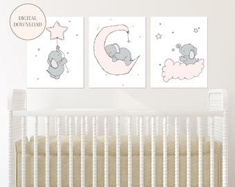 Digital Download -Elephant Nursery 8x10 - Elephant Moon and Stars - Safari Nursery - Set of 3 Printable Art - Girl Nursery Art