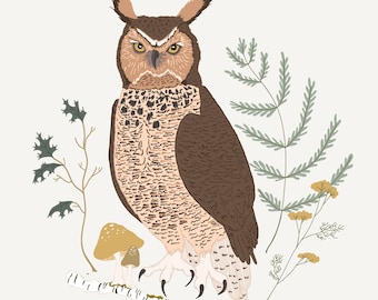 Great Horned Owl Art Print - Forest Bird Illustration