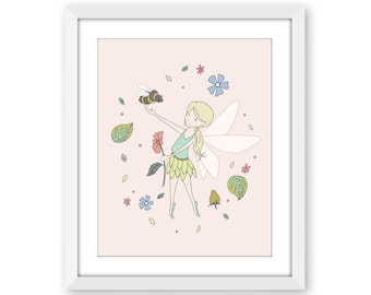 Fairy Nursery Art - Fairy Girls Room Decor - The Fairy and The Bumblebee