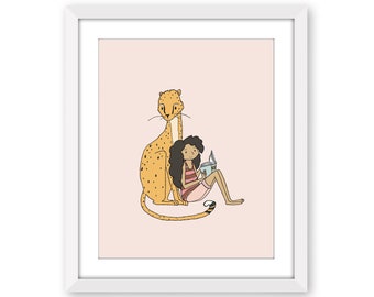Cheetah Wall Art - Book Nook Print - Girl and Cheetah Reading - Girls Room Decor