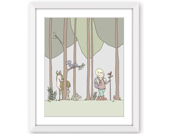 Girl Woodland Art -  Adventure Girl Art - Woodland Wander - Kids Wall Decor - Forest Animal Friends - Woodland Nursery - Adventure Awaits