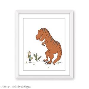 Boy and Dinosaur Art Print - Boy Meets T Rex - Tyrannosaurus Rex Boys Room Decor