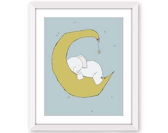Elephant Moon Nursery Art -- Baby Elephant Moon and Stars Dream -- Elephant Nursery Decor -- Children Art Print -- Kids Wall Art