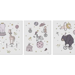 Circus Nursery Art Prints -- Circus Dreams -- Set Of 3 Prints -- Gray and Mauve -- Kids Wall Art