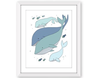 Blue Whale Family Nursery Art Print - Under the Sea Nursery Decor