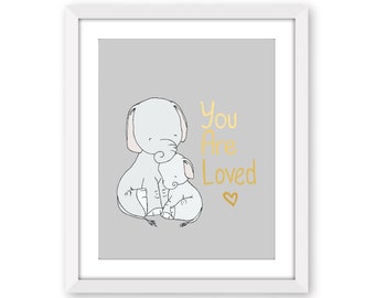 Safari Animal Nursery Print - Elephant Nursery Decor - Elephant Baby Room - Elephant Mama and Baby - You Are Loved Art