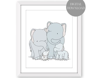 Elephant Nursery Decor - Digital Download - Elephant Family of Four - Safari Nursery Decor - Nursery Art - Printable