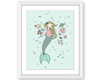 Mermaid Nursery Art Print - Under the Sea Girls Room Decor - Mermaid and Fish Buddies