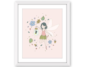 Girl Fairy Nursery Art - The Fairy and The Firefly - Girls Room Fairy Wall Decor