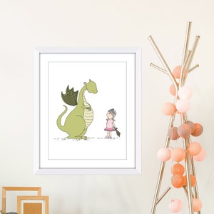 Girl and Dragon Art, Girl Meets Dragon Nursery Art Print, Kids Adventure Room Wall Decor image 2