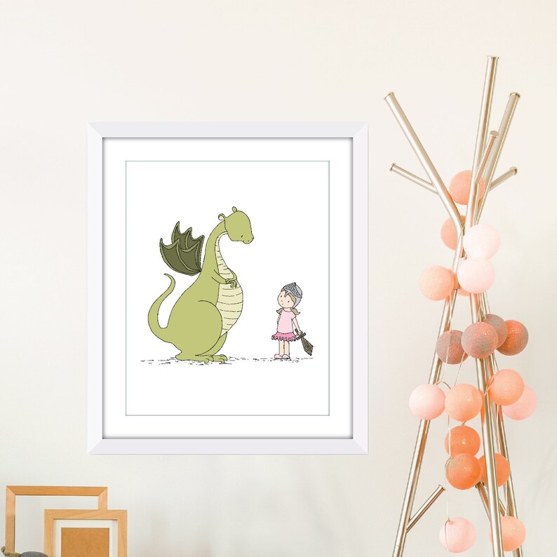 Girl and Dragon Art, Girl Meets Dragon Nursery Art Print, Kids Adventure Room Wall Decor image 2