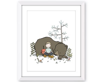 Boy and Bear Woodland Nursery Art - Read a Tale or Two - Boys Room Wall Decor