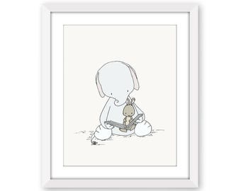 Elephant and Bunny Nursery Art -- Elephant and Bunny Story Time --  Elephant Nursery Art Print -- Nursery Decor