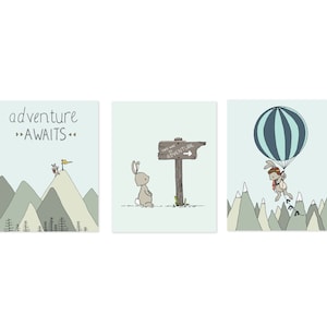 Boy Woodland Adventure Nursery Art -- Bunny Adventures -- Zestaw 3 wydruków -- Sztuka ścienna dla dzieci