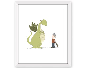 Boy and Dragon Adventure Art Print - Dragon Illustration - Boys Room Wall Decor