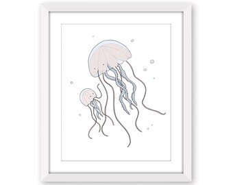 Ocean Nursery Art - Jellyfish Mama and Baby Art - Under the Sea Baby Room - Nautical Kids Wall Decor