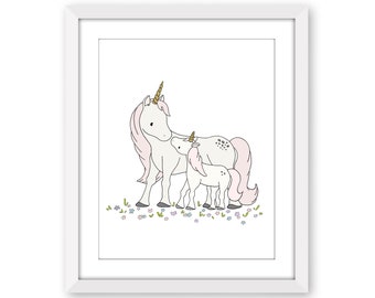 Magical Unicorn Art Print, Unicorn Nursery Art, Mama and Baby Unicorn, Girls Room Wall Decor