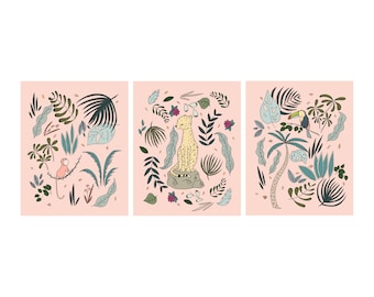 Jungle Botanical Art - Monkey, Toucan, Cheetah - SET OF 3 Prints - Boho Nursery Decor -- L2