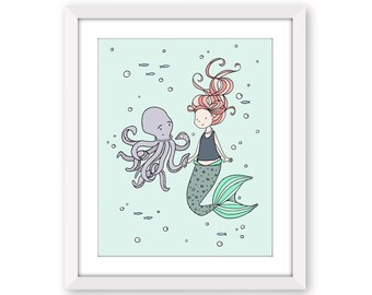 Mermaid Girls Room Art Print - Mermaid and Octopus Buddies - Baby Girl Under the Sea Nursery Decor