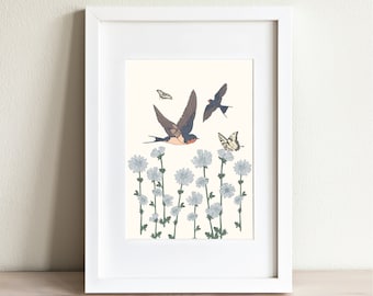 Birds and Butterflies Art Print, Barn Swallow Tiger Swallowtail Butterfly, Botanical Bird Illustration, Michigan Bird, Swallow Illustration