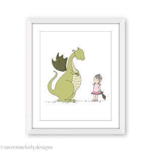 Girl and Dragon Art, Girl Meets Dragon Nursery Art Print, Kids Adventure Room Wall Decor image 1