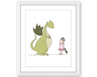 Girl and Dragon Art, Girl Meets Dragon Nursery Art Print,  Kids Adventure Room Wall Decor