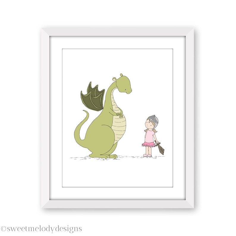 Girl and Dragon Art, Girl Meets Dragon Nursery Art Print, Kids Adventure Room Wall Decor image 1