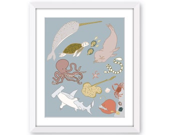 Sea Creatures Art - Ocean Animals Nursery - Children's Art Print, Kids Wall Art, Under the Sea, Nautical Nursery