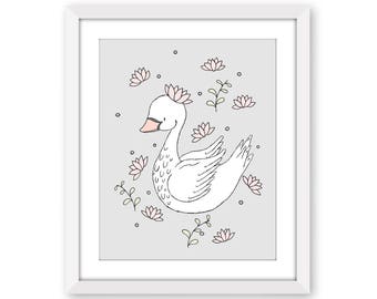 Swan Nursery Art - Princess Swan Print - Girl Nursery Decor