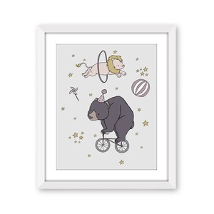Circus Nursery Art - Kids Circus Wall Decor - Circus Dreams Bear and Lion - Gray and Mauve