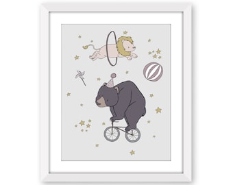 Circus Nursery Art - Kids Circus Wall Decor - Circus Dreams Bear and Lion - Gray and Mauve